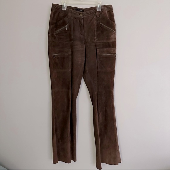 Context Brown Cargo 100% Leather Wide Leg Zipper Pocket Pants - Picture 1 of 9